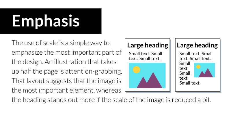 Emphasis: The use of scale is a simple way to emphasize the most important part of the design. An illustration that takes up half the page is attention-grabbing. That layout suggests that the image is the most important element, whereas the heading stands out more if the scale of the image is reduced a bit.